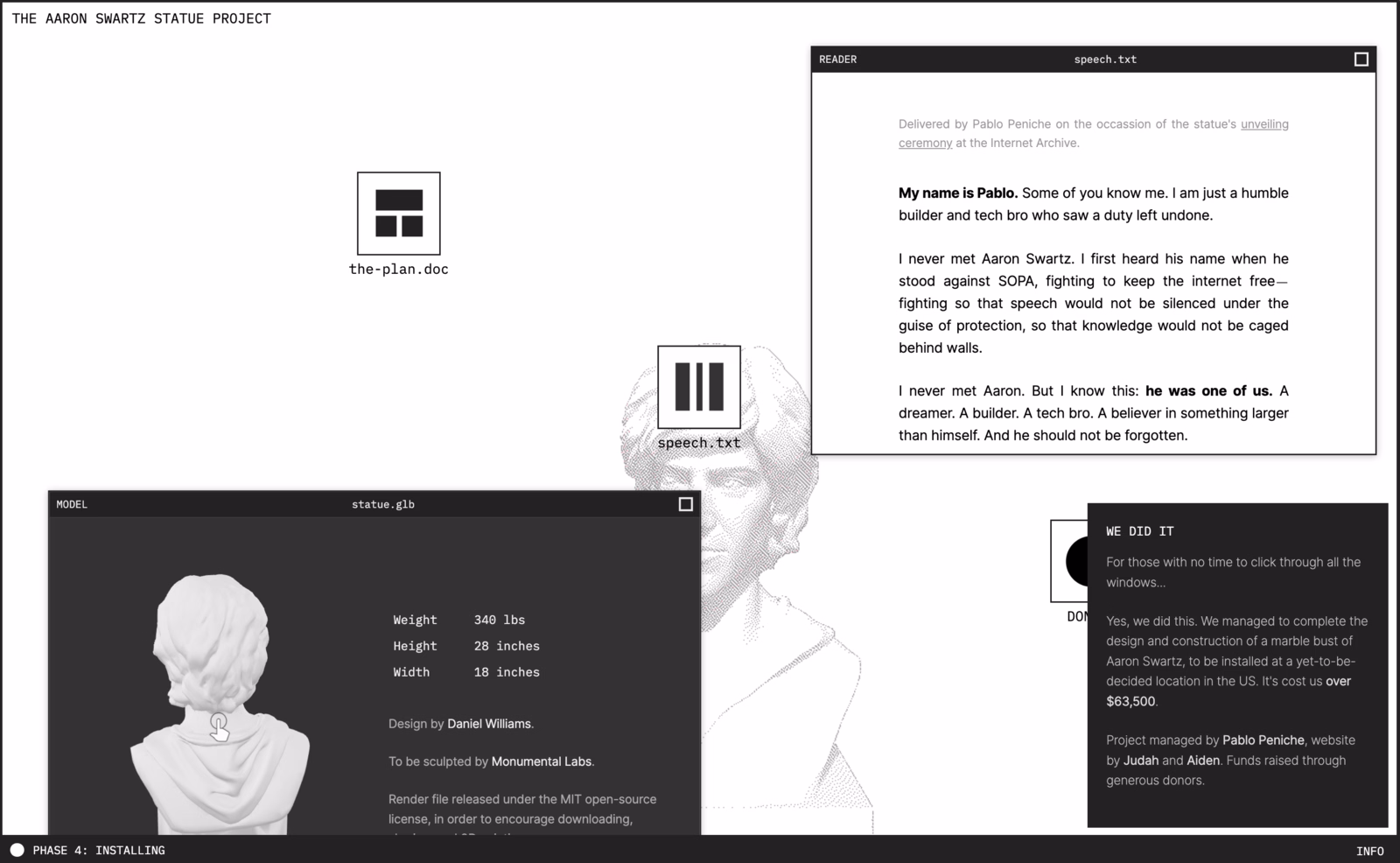 Screenshot of The Aaron Swartz Statue Project
