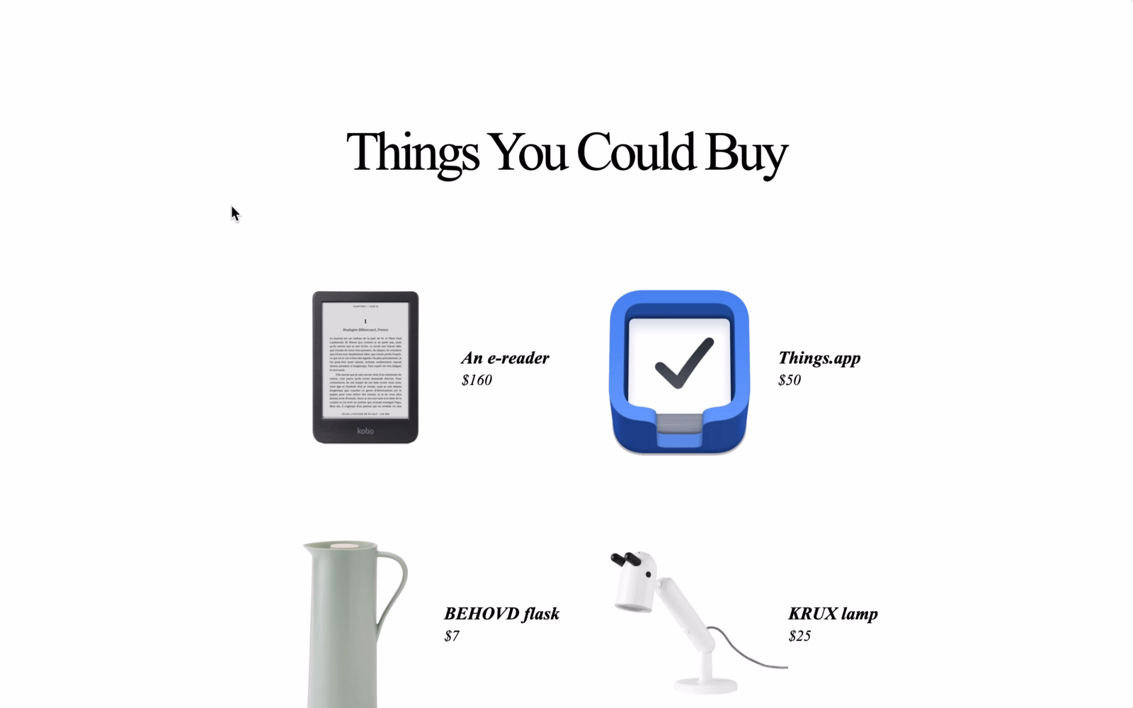 Screenshot of Things You Could Buy